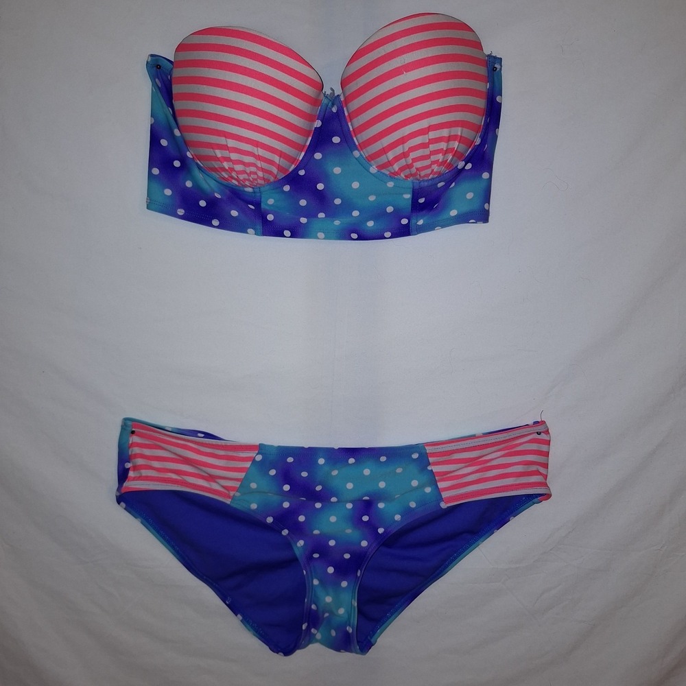 Juniors Fruit of the Loom Multicolor Polka Dot Bikini Set Striped 36C (XL)